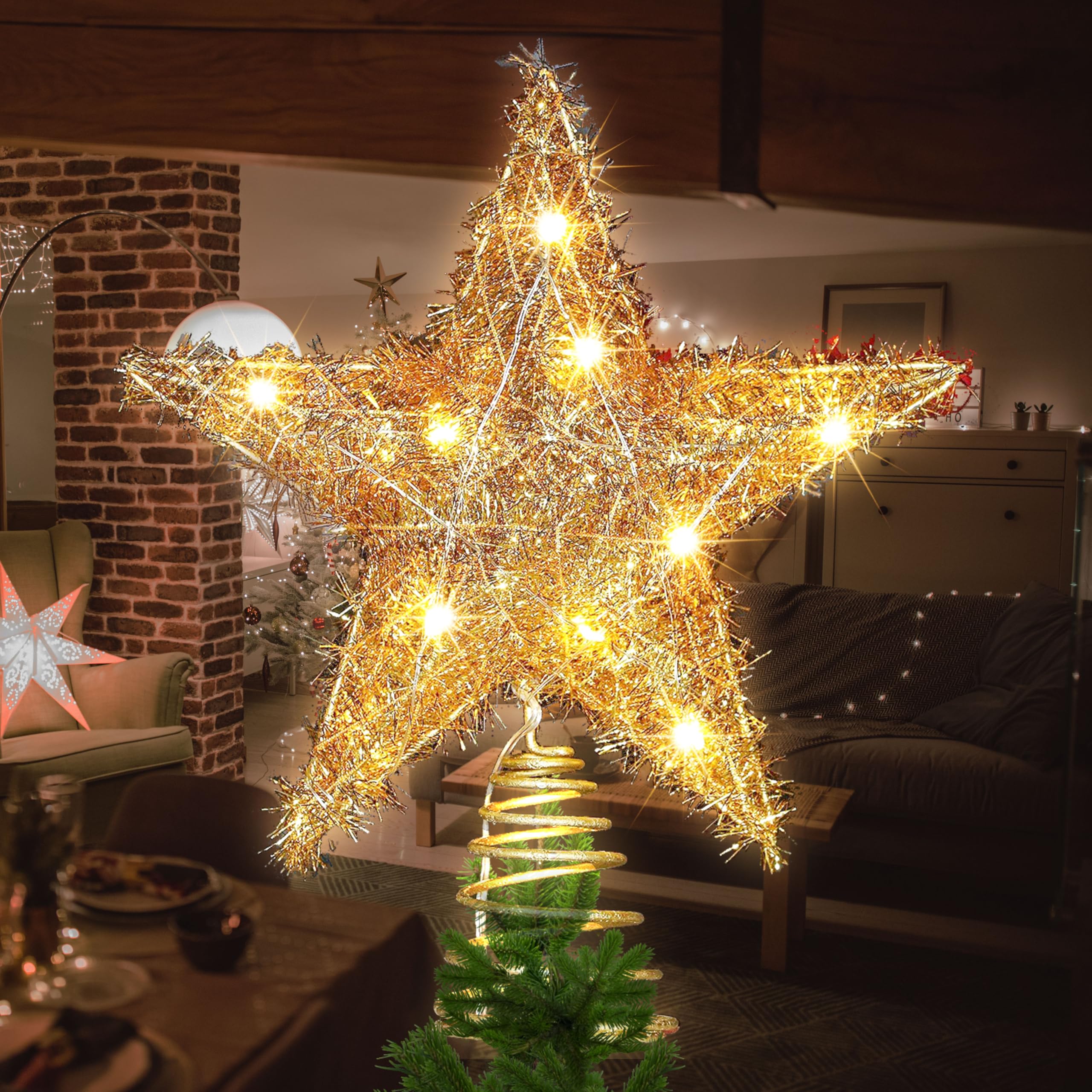 Photo 1 of 11.8'' Light-up Christmas Tree Topper Star, 20 Warm White LED Lights with Sparkling Yarn, Xmas Tree Top Decoration (Golden)