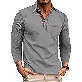 EDITCOZY Long Sleeve Polo Shirts for Men with Pocket Casual Cotton Button Down Collared Golf Shirts