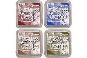 Ranger Tim Holtz Distress Oxide Ink Bundle C - Four 3" x 3" Pads - Aged Mahogany, Blueprint Sketch, Forest Moss, and Gathered