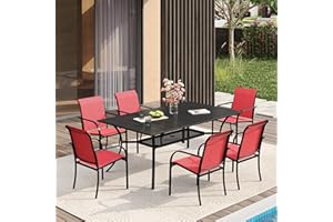 VICLLAX Patio Dining Set for 6, Outdoor Furniture Set Includes 59" Rectangle Patio Table and 6 Patio Sling Chairs, Outdoor Table and Chairs for Outsides, Black Tabletop and Red Fabric