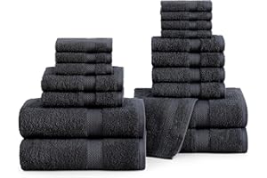 LANE LINEN Cotton Bath Towels for Bathroom - 18 PC Bathroom Towels Set - 4 Extra Large Bath Towels, 6 Black Hand Towels for Bathroom, 8 Washcloths, Soft Turkish Towel Sets for Bathroom - Black Towels