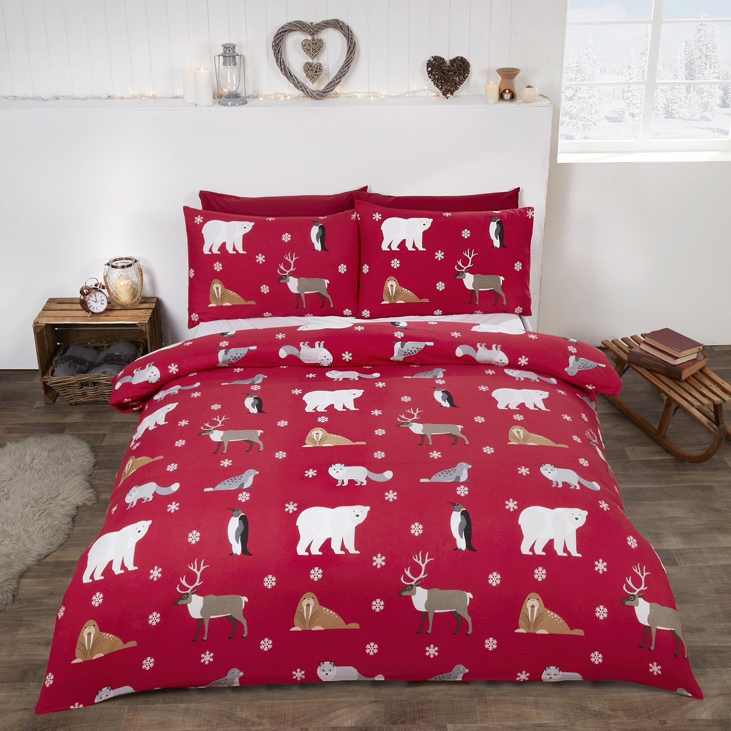 Rapport Home Rapport Winter Animals 100% Brushed Cotton Duvet Set, King-Red, 230 x 220 x 1 cm