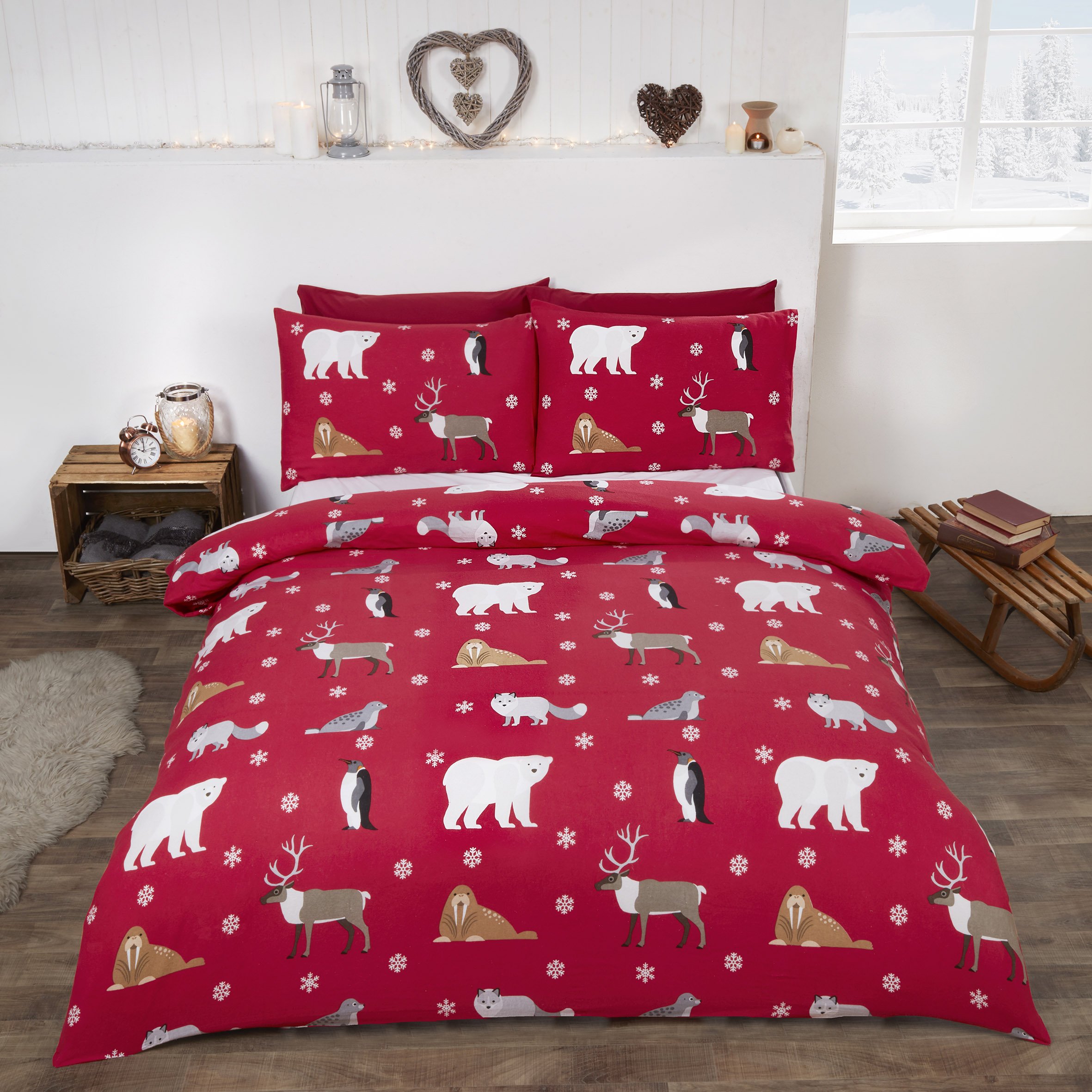 Rapport Home Rapport Winter Animals 100% Brushed Cotton Duvet Set, King-Red
