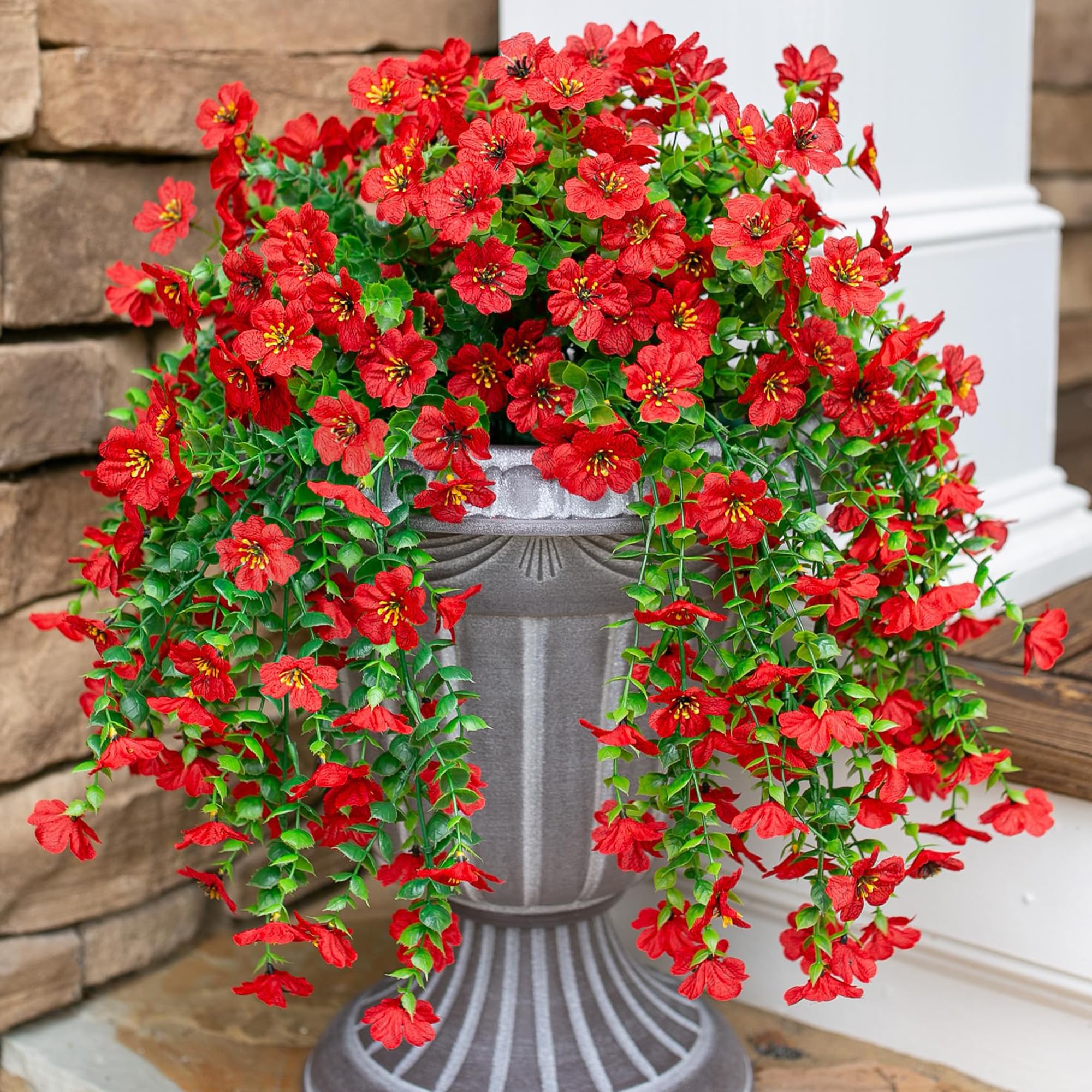 Photo 1 of **ONLY ONE BUNDLE**HyeFlora Artificial Hanging Flowers for Outdoors Decoration, 2Pcs Red Fake Spring Summer Decor, Realistic Plants, UV & Fading Resistant Flower for Porch Patio Balcony Planter Yard Home Garland