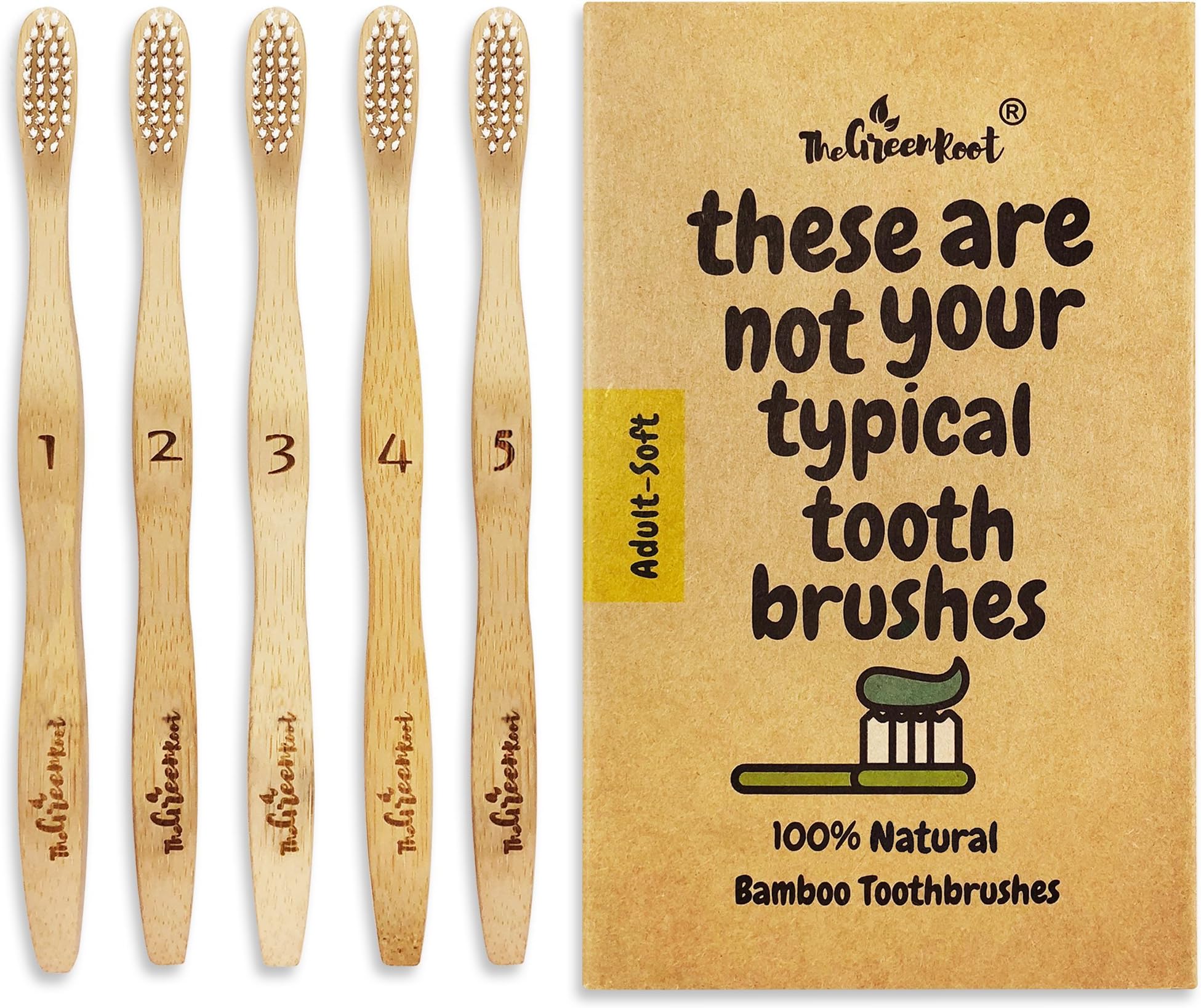 Natural Classic Bamboo Toothbrushes (Pack of 5) for Adults with Soft Bio-Based Nylon Bristles - Individually Packed & Numbered, Organic Compostable Plastic Free Packaging