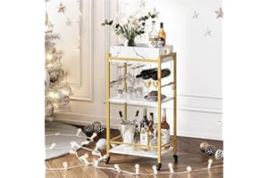 YAUKTAK 3-Tier Gold Bar Cart with Removable Tray, Small Bar Carts with Wheels, Rolling Beverage Cart, Drink Cart, Gold Wine Cart with Wine Rack for Kitchen, Living Room GBC513G