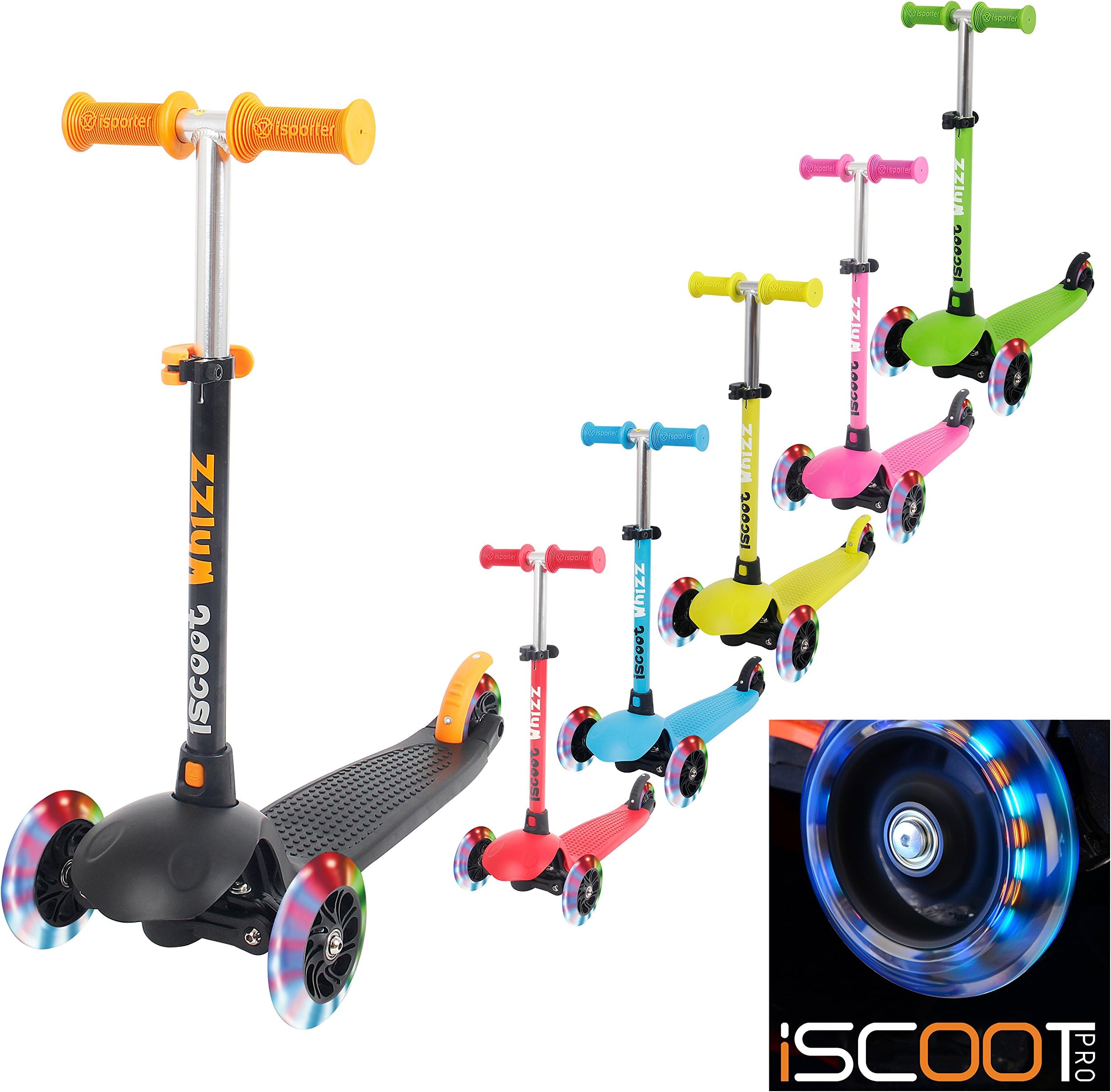 iScoot Whizz© Light Weight 3 Wheel Tilt and Turn Kick Scooter with LED Light Up Wheels T-Bar Bobbi Board for Boys / Girls / Children / Kids - Ages 2-5 - Purple Metallic