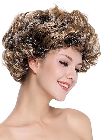 Wig Me Up 91097 Za4tza7 Parrucca Donna Carnevale Corta Castano Scuro Punte Bionde Mèches Ricci Retro Anni 80
