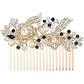 EVER FAITH Wedding Comb Rhinestone Pearl Bridal Accessories Flower Hair Piece for Bride Bridesmaids Blue Gold-Tone