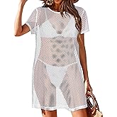 CHICGAL Womens Bathing Cover Ups Knit Bikini Short Sleeve Swimsuit Coverup Summer Swimwear Hollow Out Beach Dress