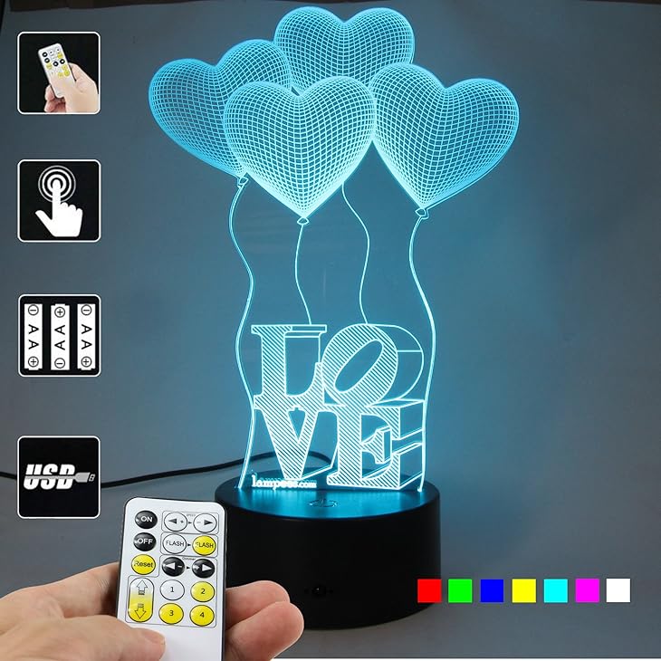 Lampees™ 3D Illusion Love Balloons LED Lamp with 7 colors change and Flashing Effect also comes with remote and USB cable can also use with AA size batteries