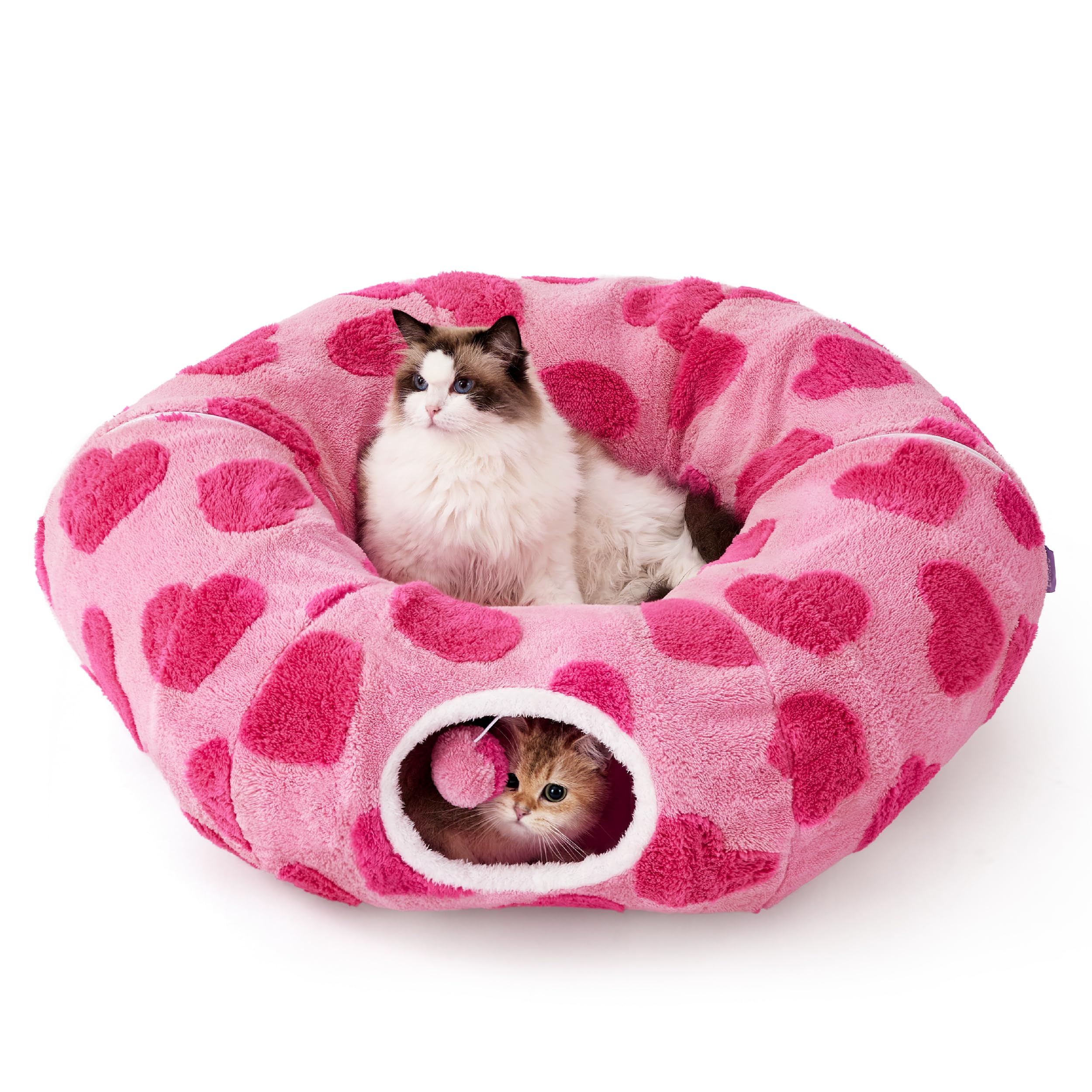 Lesure Cat Tunnel Bed for Indoor Cats - Cute Cat Donut Tunnel Toys with Washable Circle Cushion, Valentine's Day Gifts for Cats, Round Pet Peekaboo Cave Toy for Kitten, Standard Lover Hearts Image