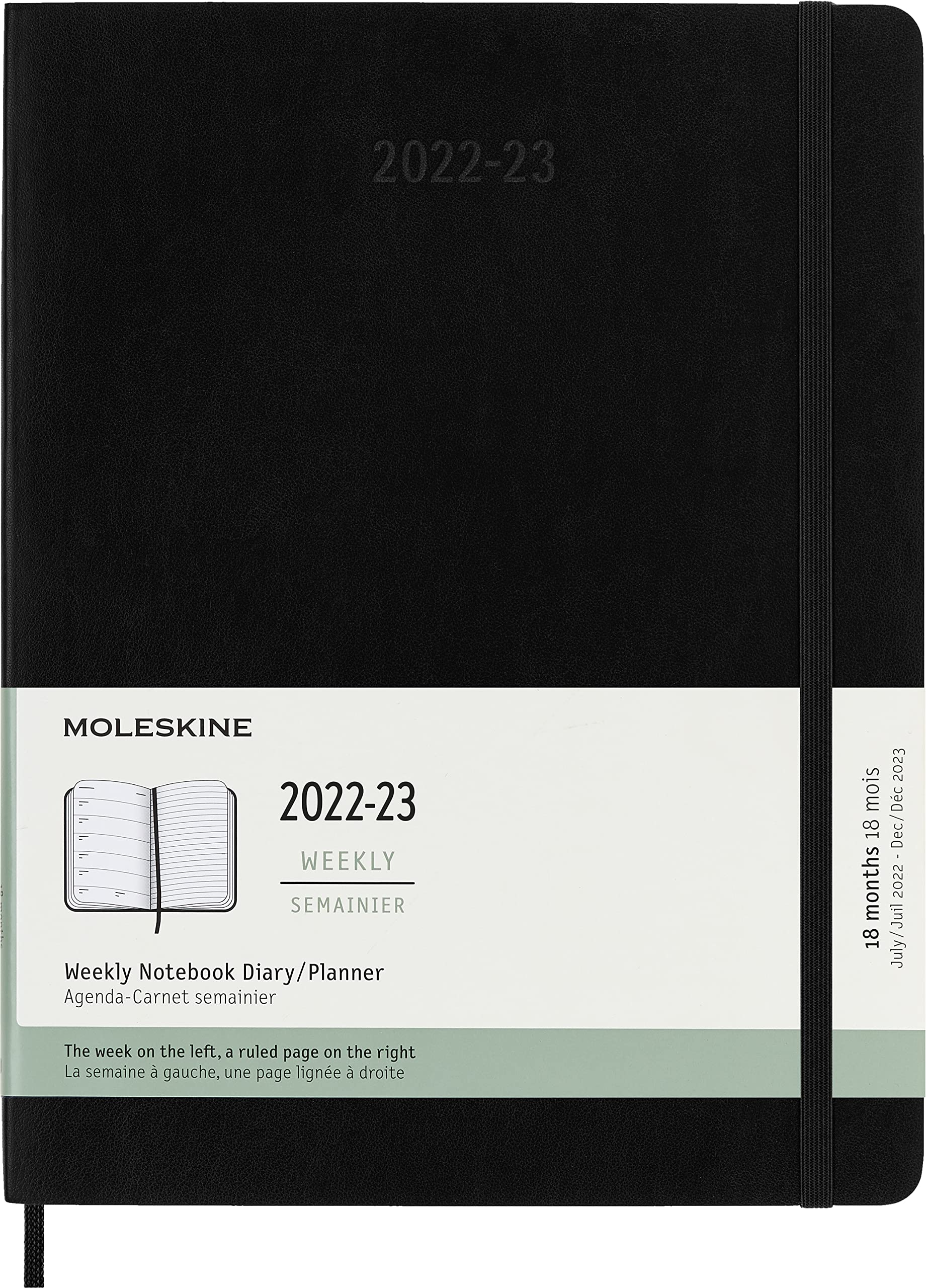 Moleskine - 18-Month Weekly Planner/Diary, Weekly Planner 2022/2023, Weekly Notebook with Soft Cover and Elastic Closure, Size X-Large 19 x 25 cm, Colour Black