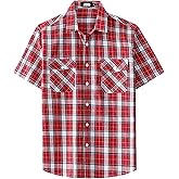JOGAL Mens Plaid Button Down Shirts Mens Short Sleeve Western Shirts Two Pocket Regular Fit Mens Button Up Casual Shirts