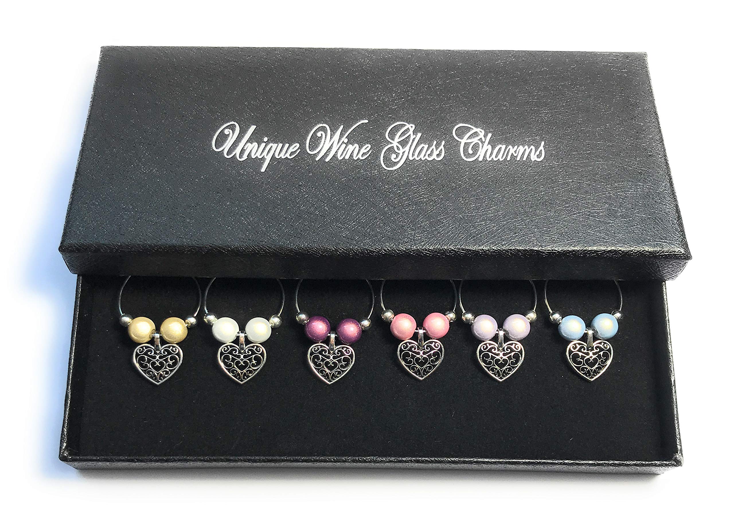 Libby's Market Place Pastel Colour Antique Hearts Wine Glass Charms with Gift Box