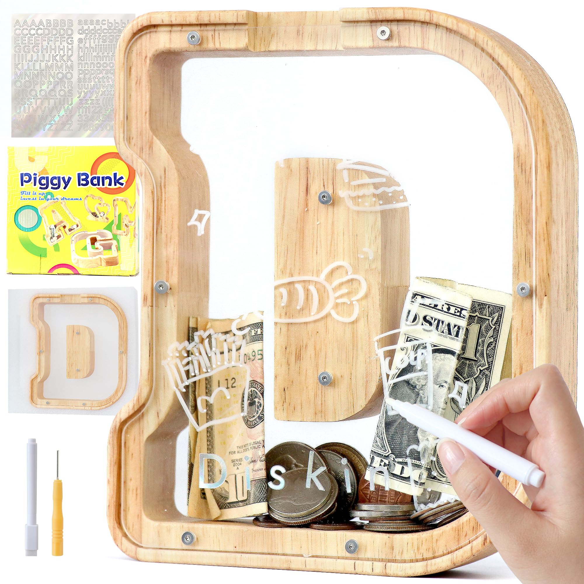 Mikytoper Letter Money Box for Kids Wooden Personalized A-Z Alphabet Piggy Bank Clear Money Bank Coin Bank for Gift Decoration Baptism (D)