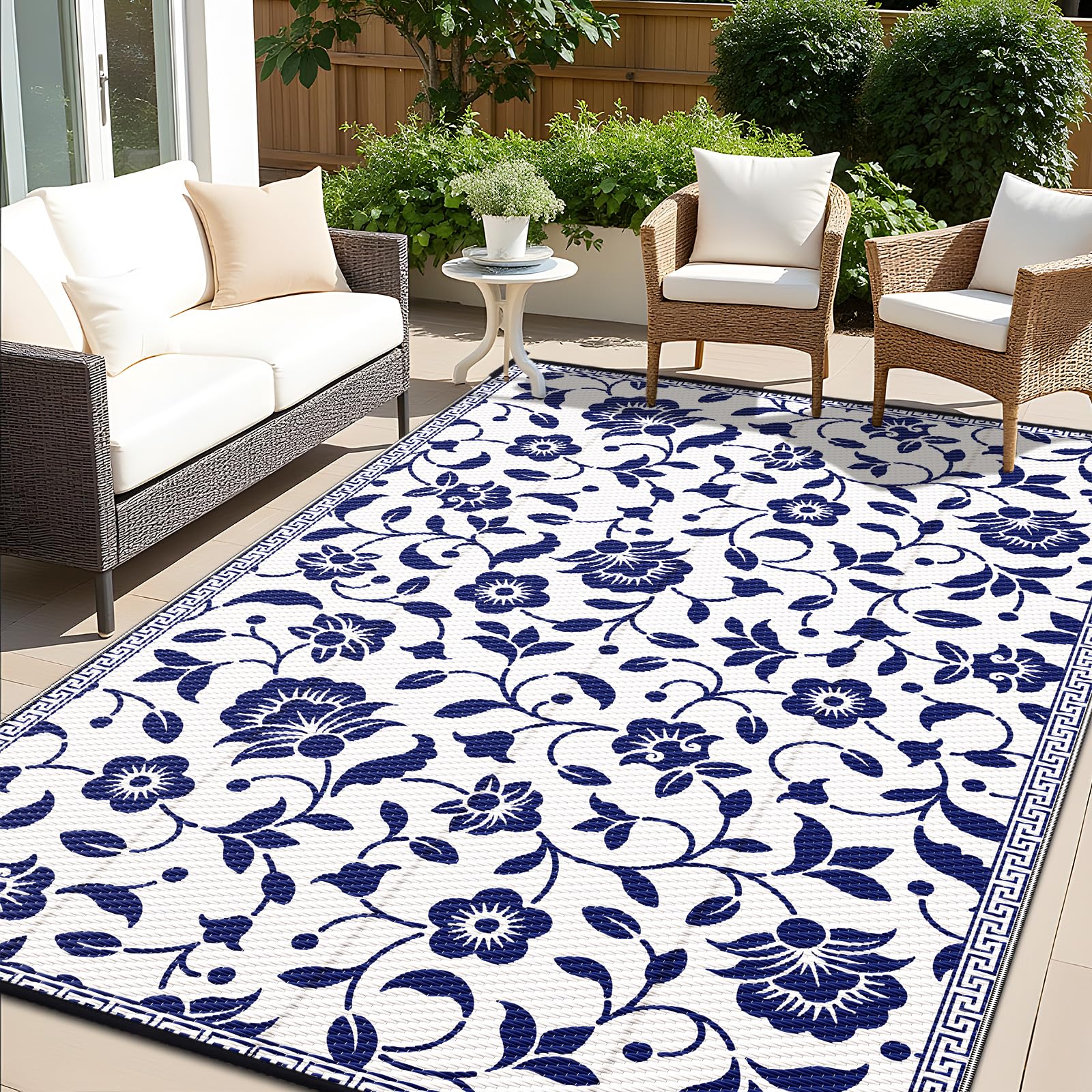 Photo 1 of OLANLY Waterproof Outdoor Rug 6x9 ft, Outdoor Plastic Straw Rug with Flower Pattern, Reversible RV Mat for Patio, Camping, Balcony, Deck, Backyard, Navy & White