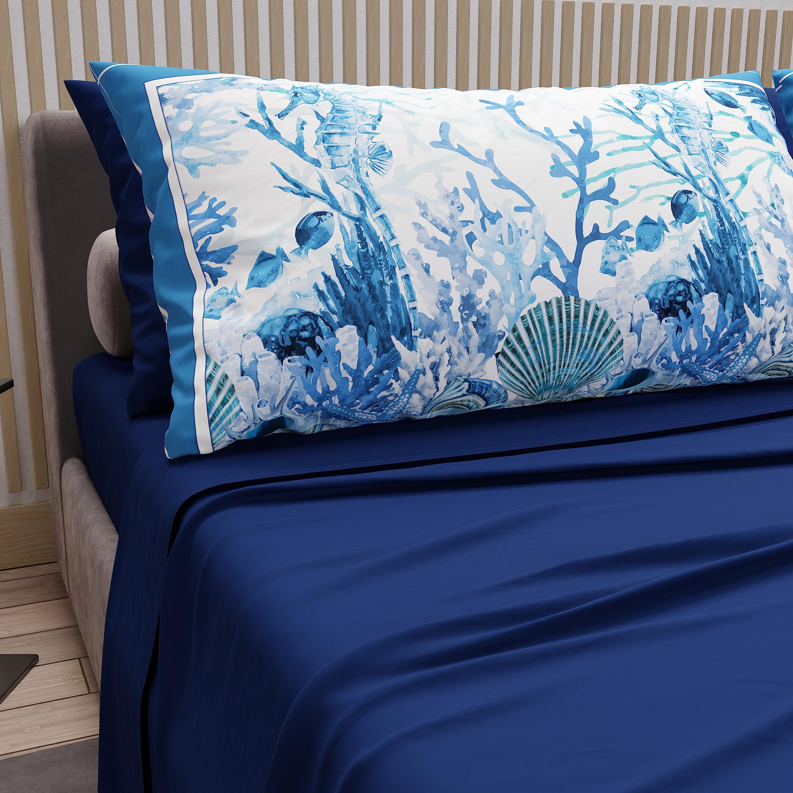 PETTI Artigiani Italiani - Double Bed Sheets in Cotton with Pillowcases in Digital Print, for Double Bed, Complete Fitted Sheet Top and Bottom Sheet, Electric Blue, 100% Made in Italy