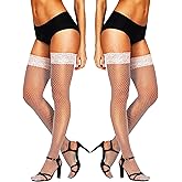 HONENNA 2 Pairs Fishnet Thigh High Stockings, Colorful Silicone Lace Top Stay Up Nylons Tights for Woman, Size A-D