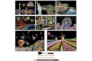 NAIHEY Scratch Art Rainbow Painting Paper(A4), Womens Hobbies DIY Art Crafts for Youth Adults Engraving Scratch Painting,Thanksgiving & Christmas Birthday Creative Gift Set 8 Sheets(Landscape & City View)