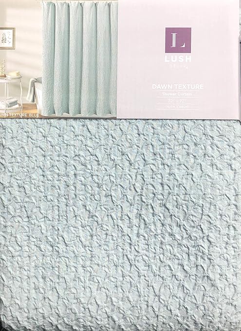 Amazon Lush Decor ファブリックシャワーカーテン フリル付きバブルテクスチャ ソリッドライトグリーン調ブルーシェード 夜明け テクスチャ ブルー シャワーカーテン ホーム キッチン オンライン通販