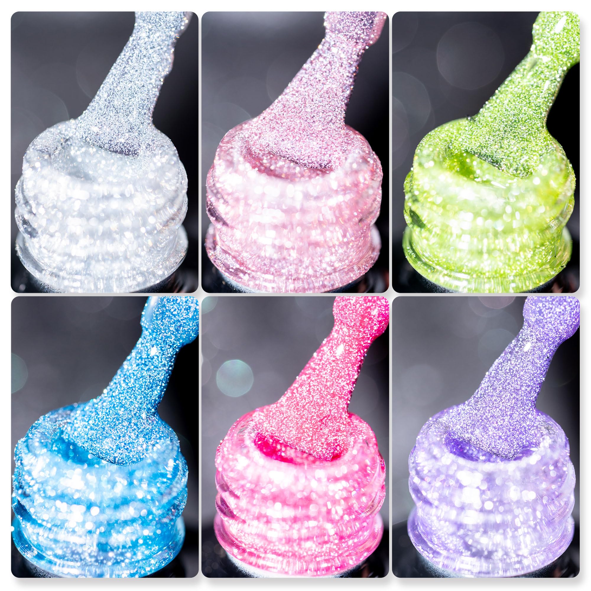 BURANO Reflective Glitter UV Gel Nail Polish, 7.3ml Green Purple Pink Silver Orange Sparkle Holographic Glitter Gel Nail Polish for DIY Home UV Lamp Required 6 Bottles DIY (Classic)