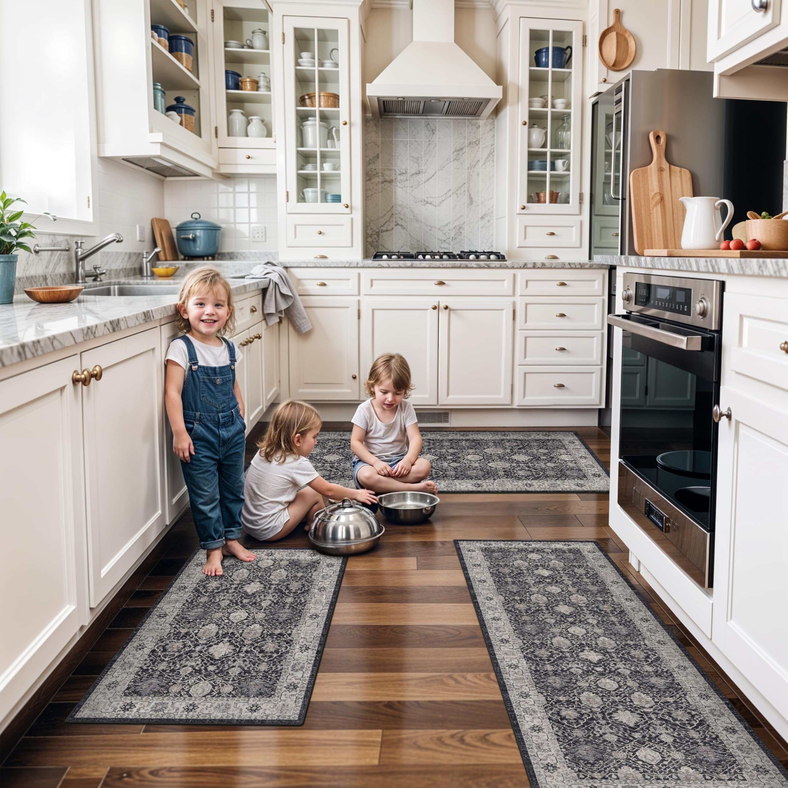Washable 4-Piece Kitchen Floor Mats: Farmhouse Non-Slip Kitchen Sink Rug Easy Clean Water-Resistant Runners for Hallway Bathroom Soft Decorative Carpet for Pet Feeding Area(2x3+2x4+2x5+2x6,Black) Image