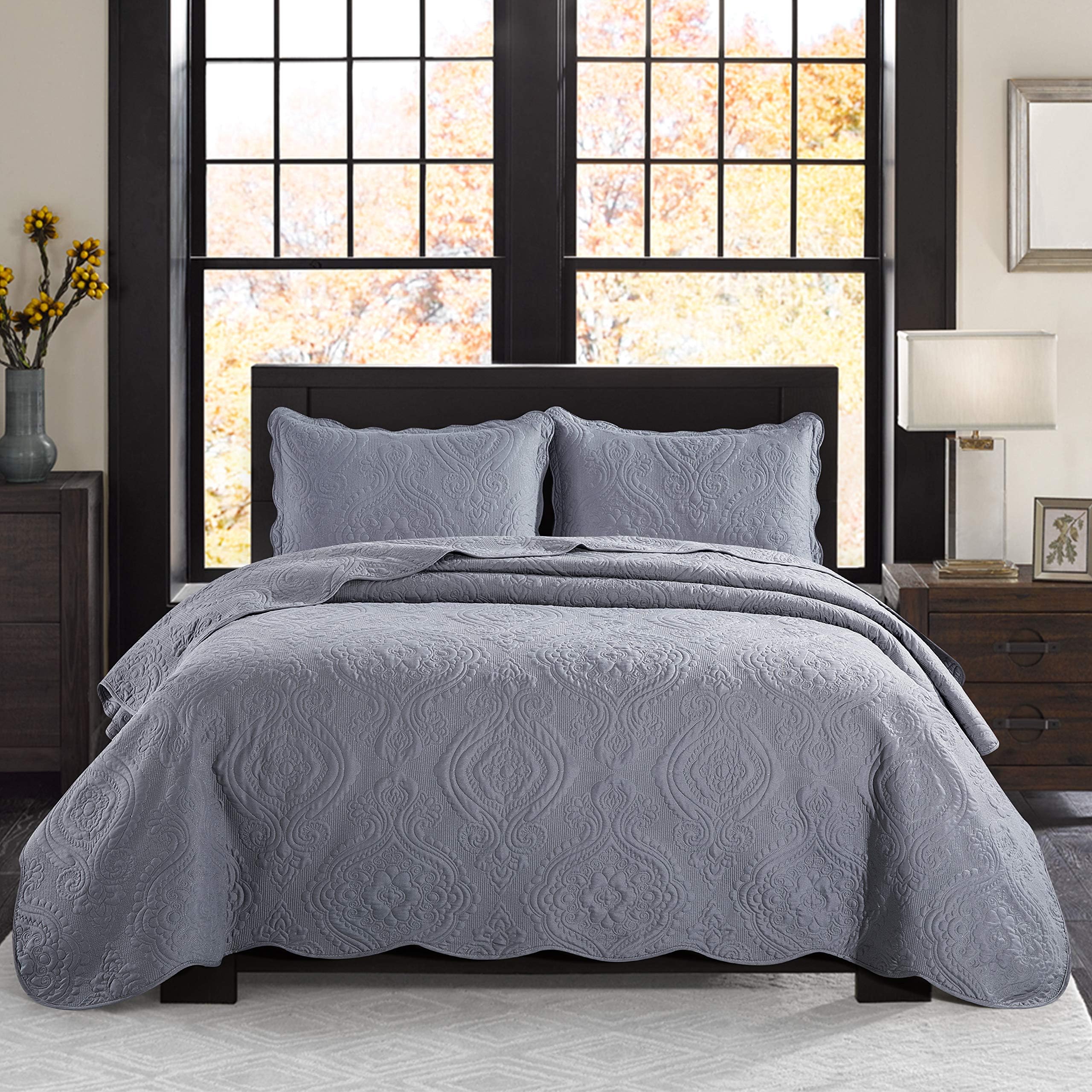 Imperial Rooms Grey Comforter Set 3 Piece Floral Embroidered Quilted Poly Cotton Bedspread Throw + 2 Pillow Shams (King)