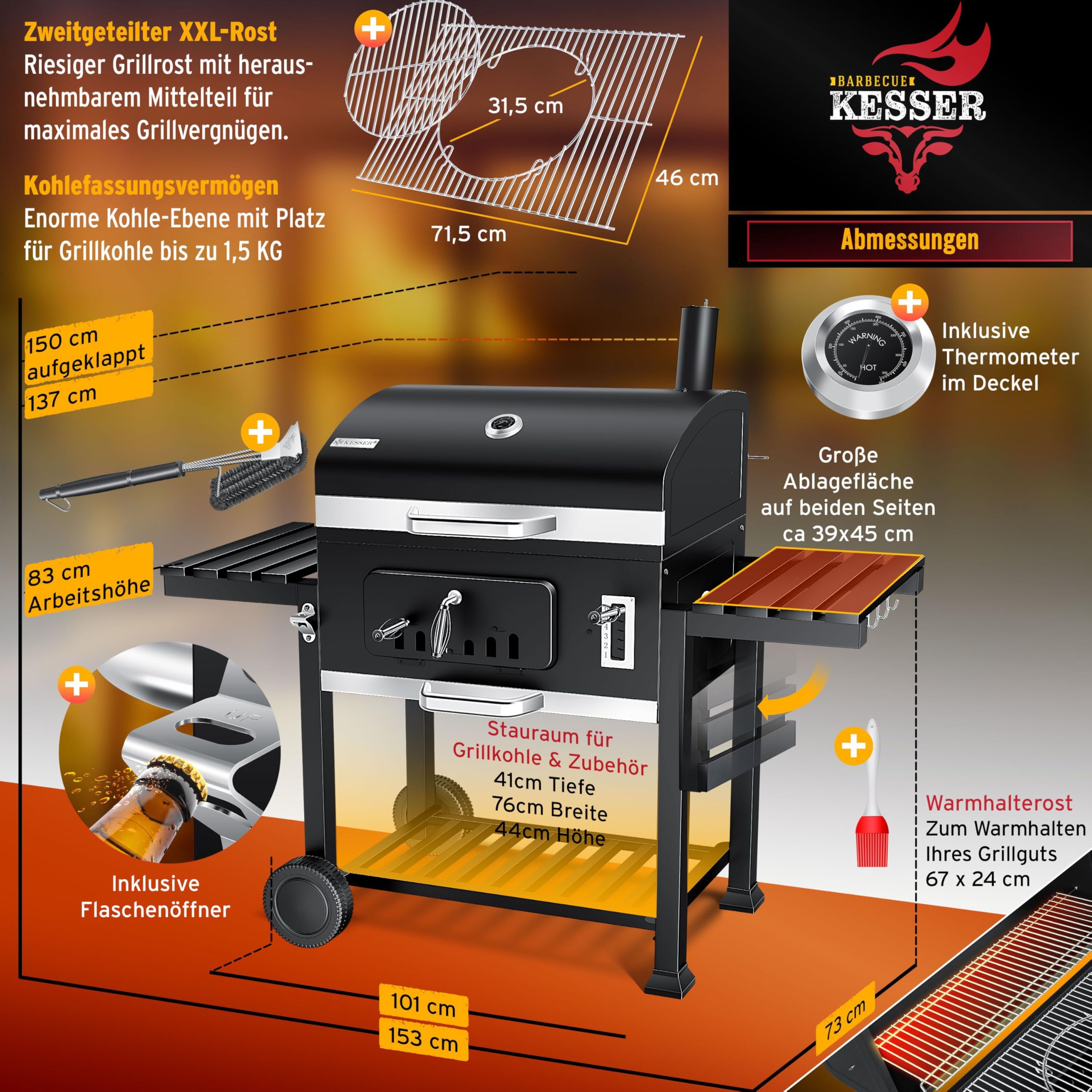 KESSER® Grillwagen BBQ Smoker XXL Holzkohlegrill mit Deckel, Rädern, Edelstahl-Griff, Thermometer, Grillrost, Bürste, Abdeckhaube & Silikon-Pinsel, Standgrill, Kohlegrillwagen 7