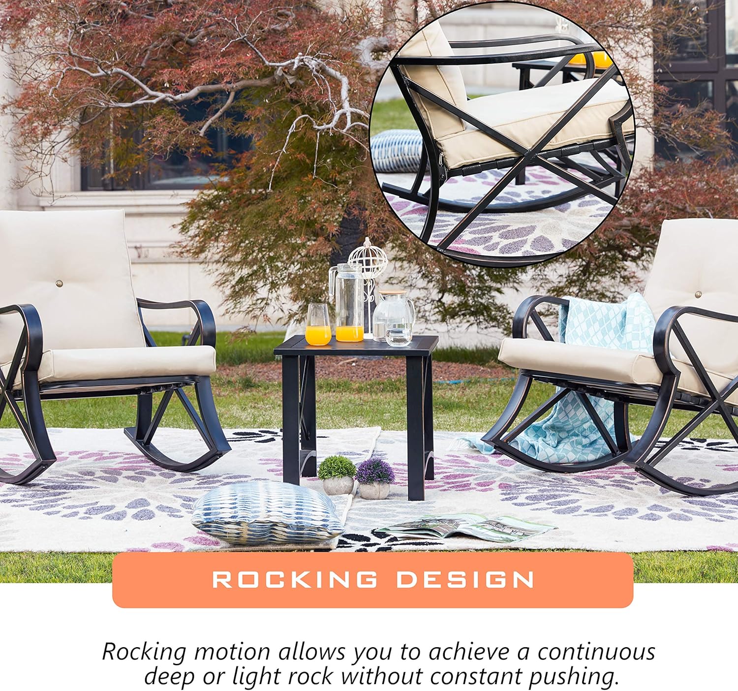 LOKATSE HOME 3 Piece Patio Outdoor Rocking Chair Bistro Sets with Coffee Table, Khaki: Garden & Outdoor