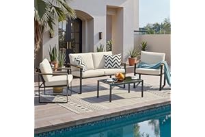NATURAL EXPRESSIONS 4 Pieces Patio Furniture Sets,Metal Outdoor Patio Furniture Sets,Outdoor Sectional Patio Conversation Set,Wooden Anti-Scald Armrest,Sling Mesh,4" Olefin Cushions