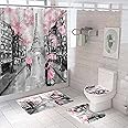 DDS-DUDES Valentines Shower Curtain Set with Paris Eiffel Tower Decor Bathroom Sets with Shower Curtain and Rugs Vintage Landscape Scenery Romantic Pink Fabric Waterproof with Hooks 71x71 inches