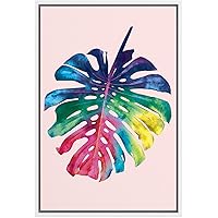SIGNWIN Framed Canvas Wall Art Multicolor Rainbow Tropical Monsteras Leaves with Pink Botanical Plants Watercolor Abstract Modern Closeup Colorful for Living Room, Bedroom, Office - 16