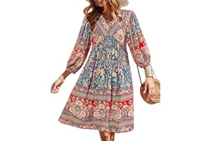 BTFBM Women Casual Spring Summer Dresses V Neck 3/4 Long Sleeve Ruffle Floral Flowy Boho Babydoll Mini Short Beach Dress