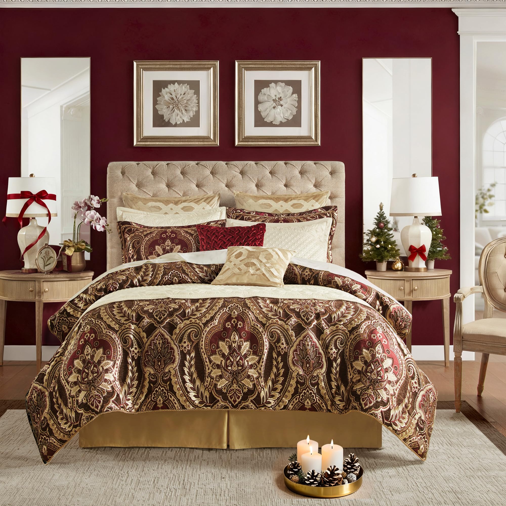 Photo 1 of Croscill Cal King Comforter Set, Luxe Chenille Jacquard Damask, Soft Microfiber Twill Comforter, Oversized Comforter Cal King Bedding, Shams & Bedskirt, Julius, Cal King, Burgundy