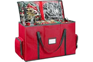 BIEBOS 2-In-1 Christmas Decoration Ornament Organizer Box， Movable Pallet Santas Bags Ornament Storage Containers, Holds 73 Holiday Ornaments, Adjustable Space For Figurines And Pockets For Decoration