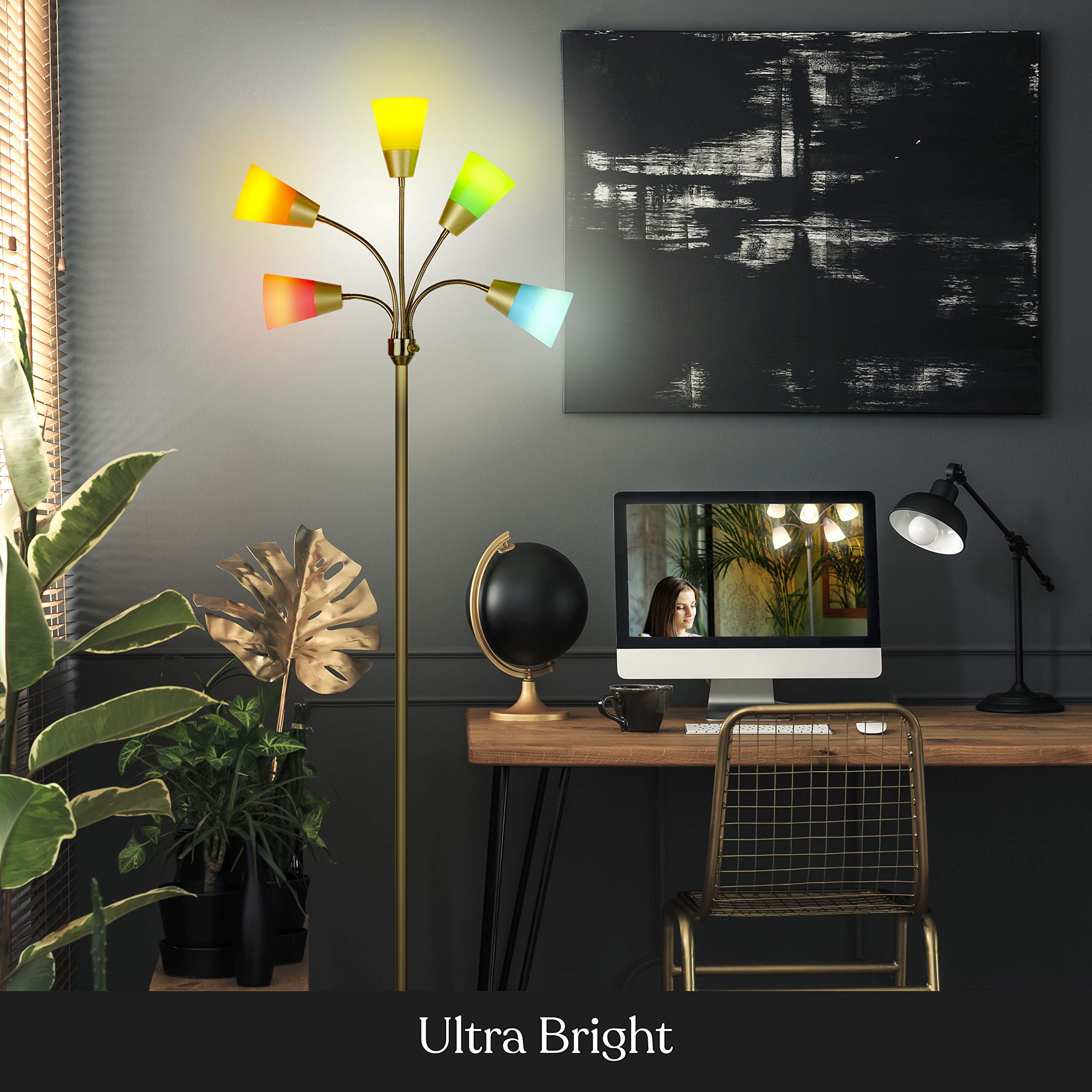 Brightech Medusa Modern LED Floor Lamp – Multi Head Floor Lamp for Living Rooms & Offices – Tall Lamp with Interchangeable Shade, Standing Lamp with 5 LED Bulbs for Hobbies - Brass