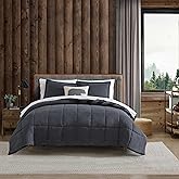Eddie Bauer - Twin Comforter Set, Microsuede Bedding with Soft Plush Faux Shearling Reverse, 2 Piece Bed Set with Matching Pillowcase (Cabin Plaid Grey)