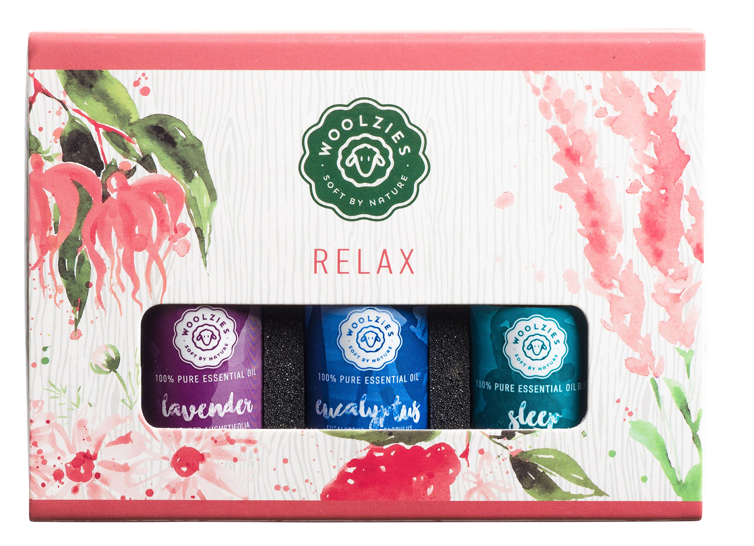 Woolzies Relax Essential Oil Set of 3 | 100% Pure & Natural Essential Oils Aromatherapy Oils | for Diffuser, Cleaning, or Topical Use | Incl. Lavender,  Blend & Eucalyptus Oils | 10 ML