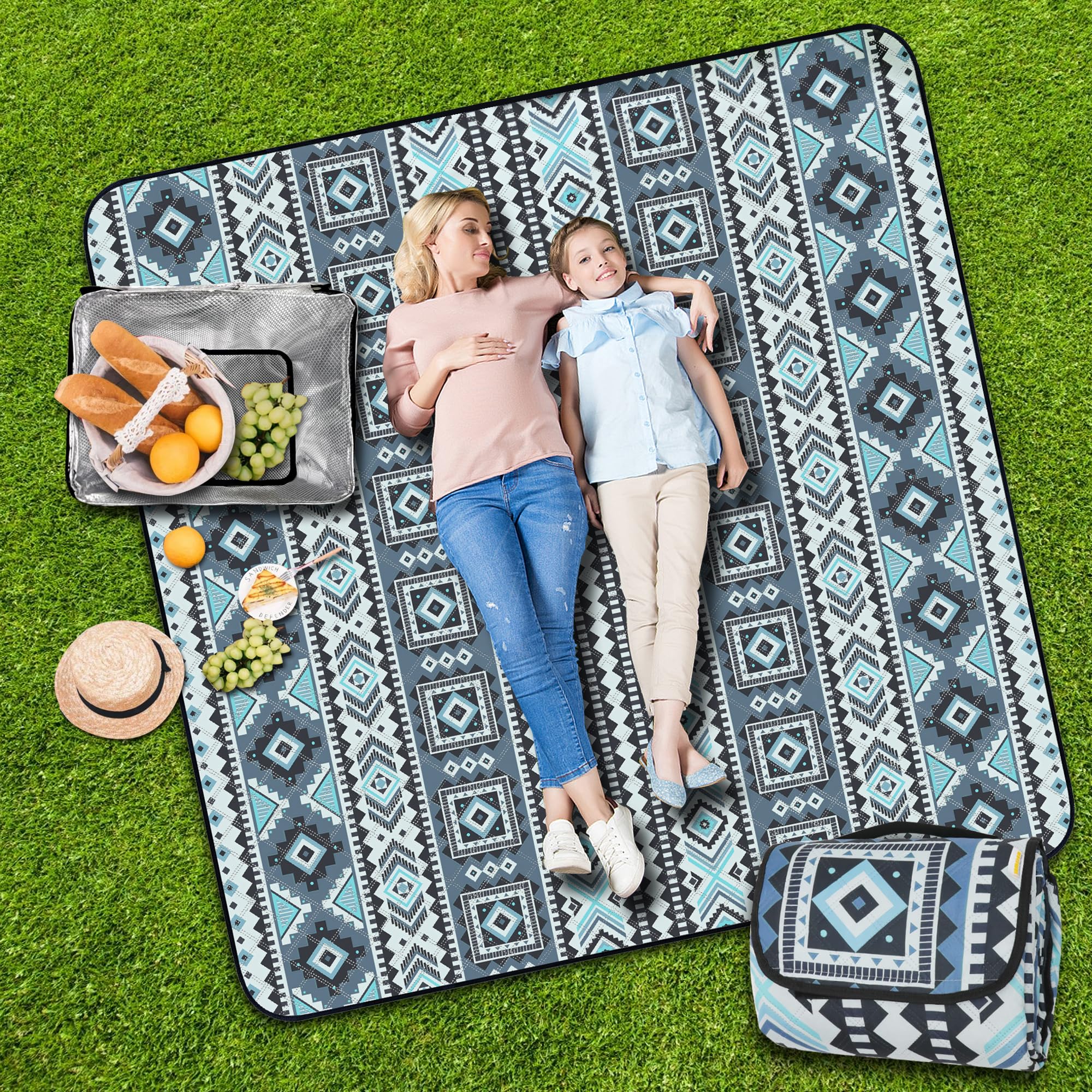 Photo 1 of SAMSIER Outdoor Picnic Blankets Waterproof Foldable Sandproof, Extra Large Gingham Cute Picnic Mat Washable Portable for Park Beach Camping Courtyard (Thickened, Blue Gray)