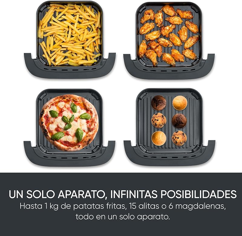 S-Fry Pizza & More Air Friyer, 10 programas automáticos de pizza e mais, distribuição ótima de calor, formato extra largo, janela de visualização, 4 L, 2100 W, preto, prateado, FR 2464