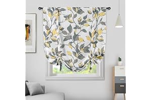 DriftAway Tie Up Curtains for Windows Ryan Sketch Floral Branch Leaves Blackout Lined Tie Up Adjustable Balloon Rod Pocket Curtain for Small Window 31 Inch by 47 Inch Yellow Gray