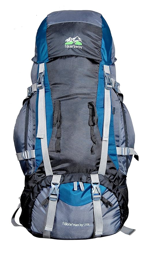 Hikers way 70 Ltrs Internal Frame Rucksack Backpacks Travel Bag Hiking Bag Camping Bag Trekking Bags with Waterproof Compartment & Rain Cover (HW-7001) (Navy Blue)