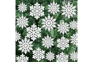 ROSEFOG 24PCS Snowflake Ornaments, Christmas White Snowflakes Tree Decorations, Plastic Glitter Snow Flakes Decorating Hanging, Xmas Tree Ornaments Indoor Ceiling Fireplace Winter Wonderland Decor