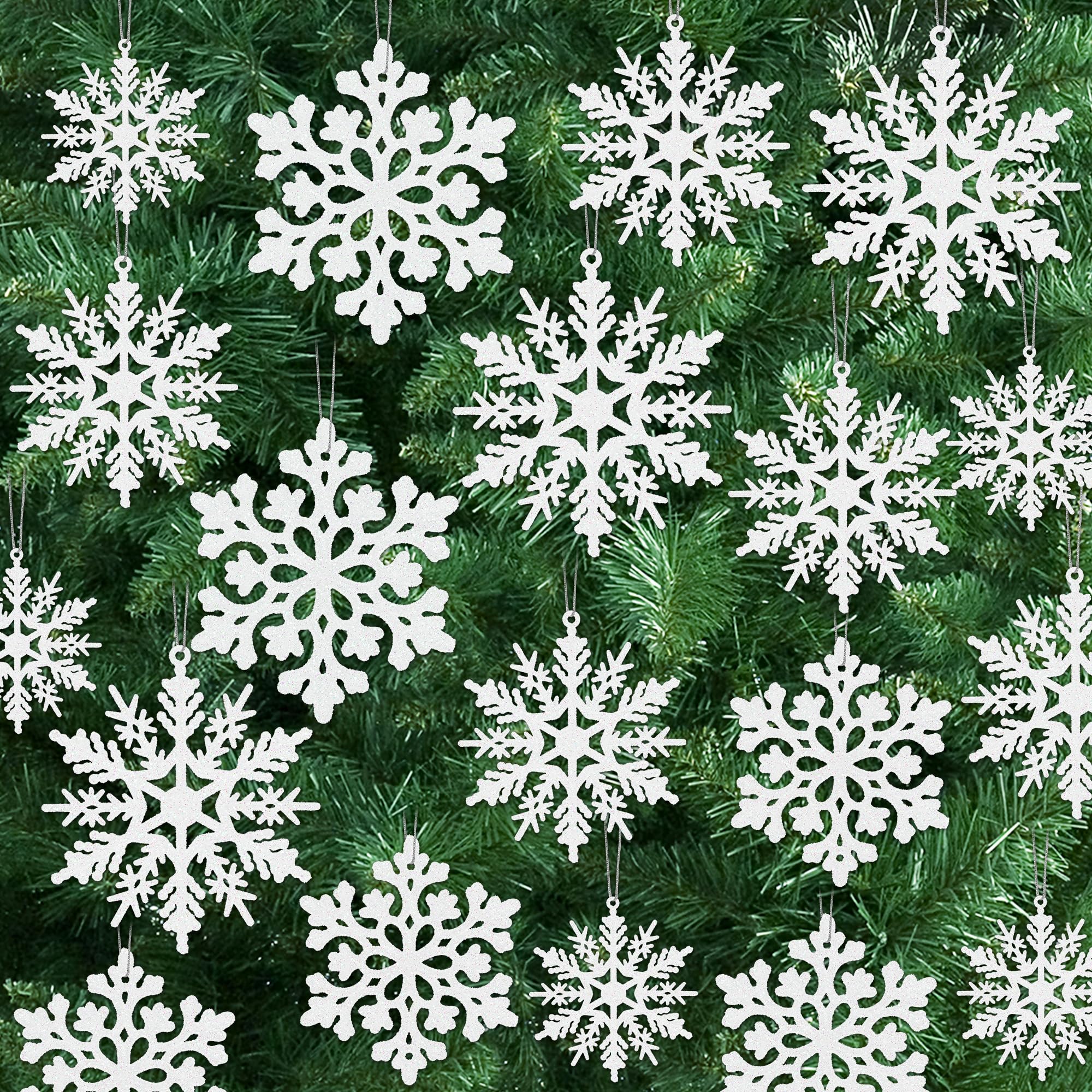 Photo 1 of 24PCS Snowflake Ornaments, Christmas White Snowflakes Tree Decorations, Plastic Glitter Snow Flakes Decorating Hanging, Xmas Tree Ornaments Indoor Ceiling Fireplace Winter Wonderland Decor