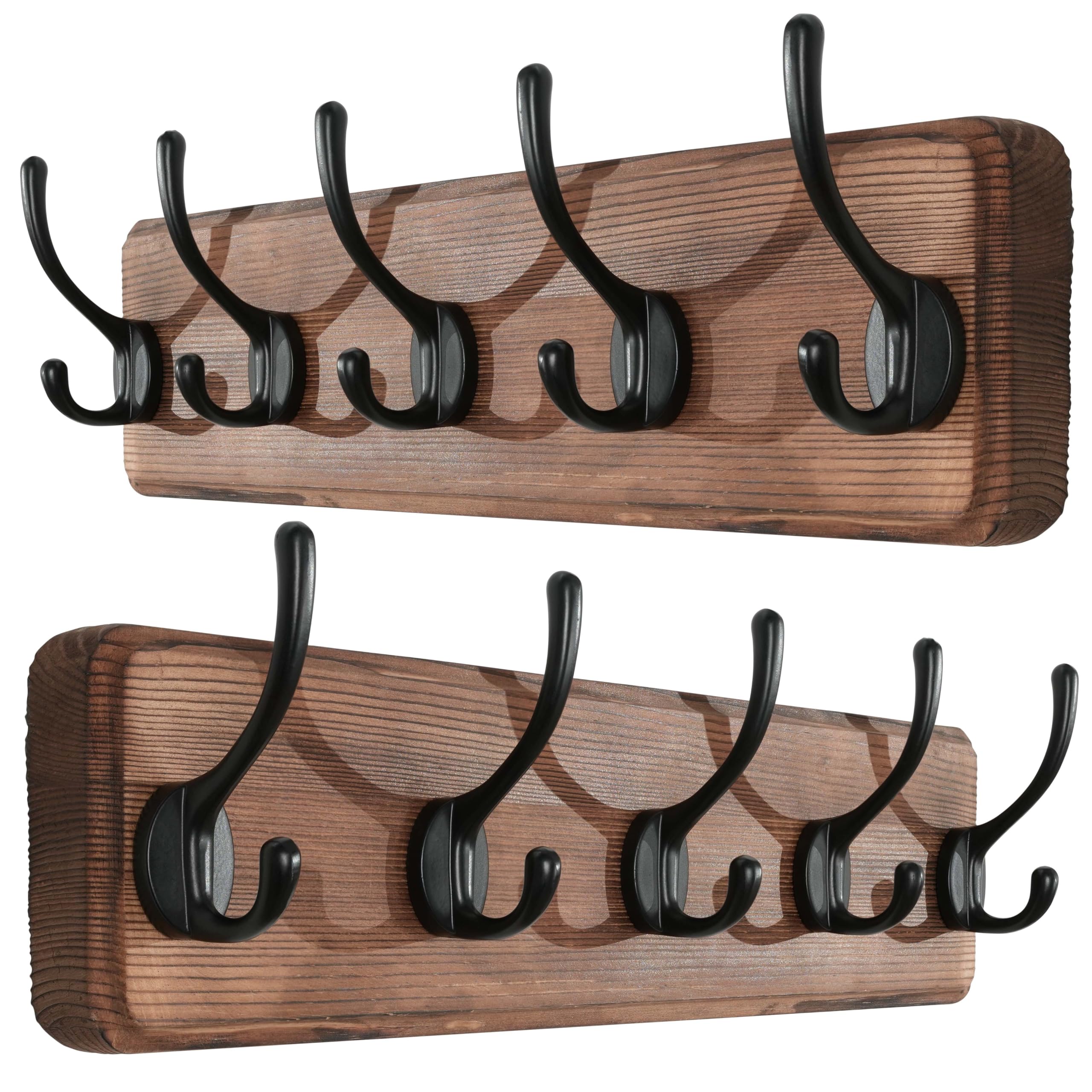 SKOLOO Farmhouse Style Wall Mounted Coat Rack, Pack of 2, Pine Solid Wood Coat Hook Hanger - 5 Hooks for Hanging Clothes Robes Towels Coats