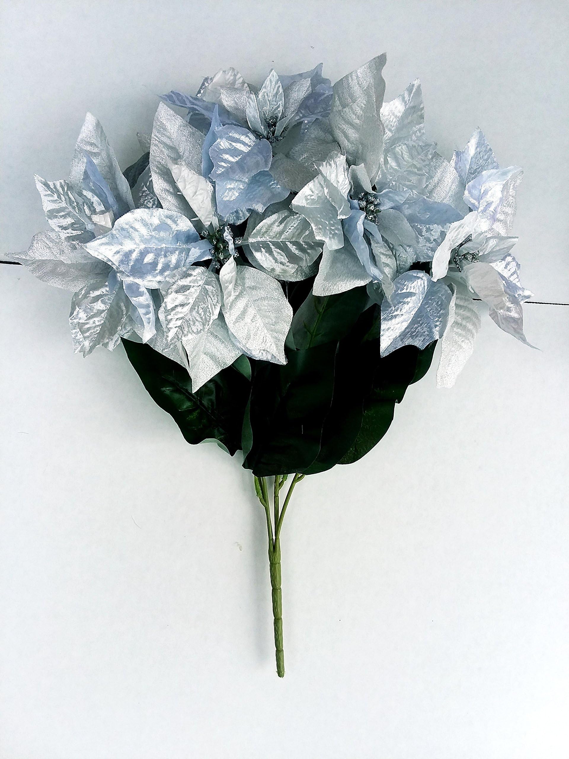 mezly Artificial silver Chirstmas Flower,Christmas Tree Ornaments Poinsettia Stems With 5 Heads Flower Bouquets For Home Party or Holiday Velvet and Silk Flower Arrangements/Decoration