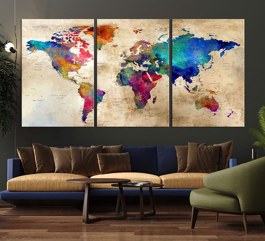 World Map Wall Art for Office Decor Vintage Maps of the World Framed