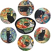 Cat Coasters Leather Round Drink Coasters 6 Pcs Set with Holderor for Cup Drink Coffee Table Bar Home Decor