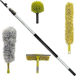 DocaPole Cleaning Kit with 12 Foot Extension Pole // Includes 3 Dusting Attachments + 1 Window Squeegee & Washer // Cobweb Duster // Microfiber Feather Duster // Ceiling Fan Duster & Cleaner